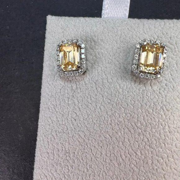 Yellow and white moissanite halo stud earrings in rhodium over sterling silver - Picture 4 of 12
